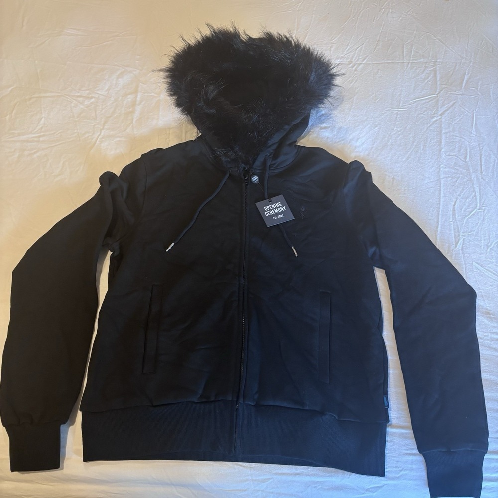 Opening Ceremony Black Faux-Fur Trim Hoodie, Men's XS, Relaxed‎
